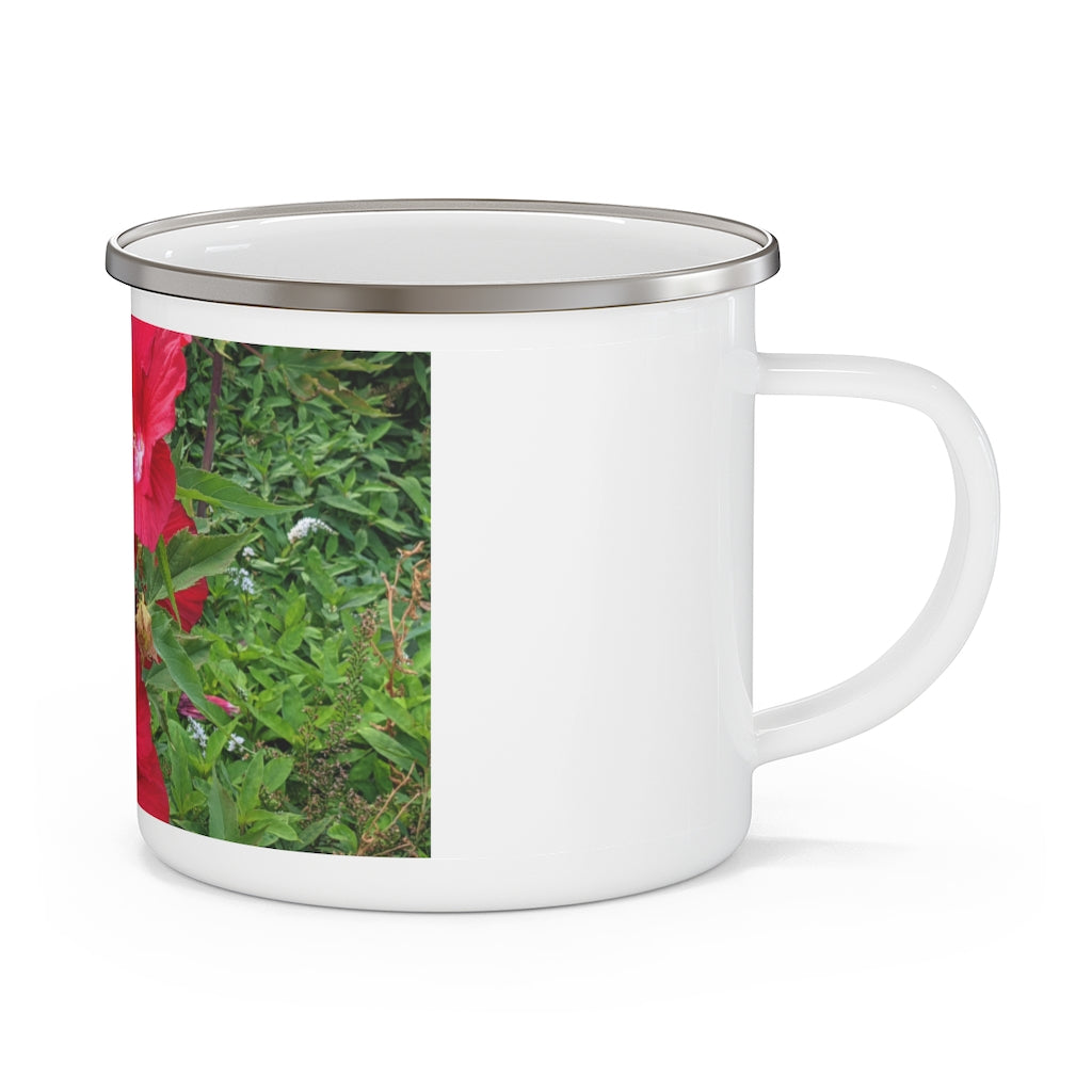 A durable red flowers enamel camping mug with a C-handle, perfect for outdoor adventures and stylish beverage enjoyment.