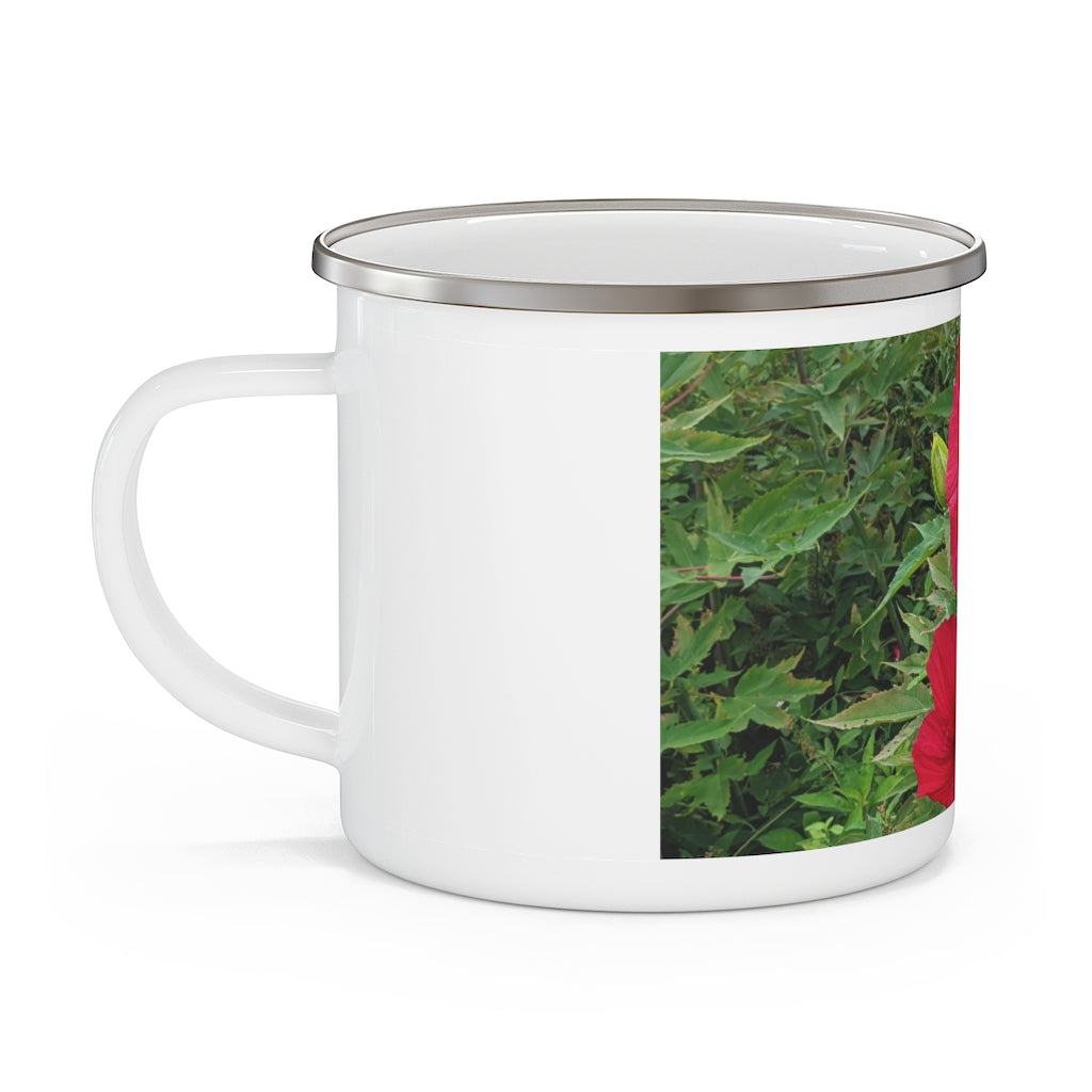 A durable red flowers enamel camping mug with a C-handle, perfect for outdoor adventures and stylish beverage enjoyment.