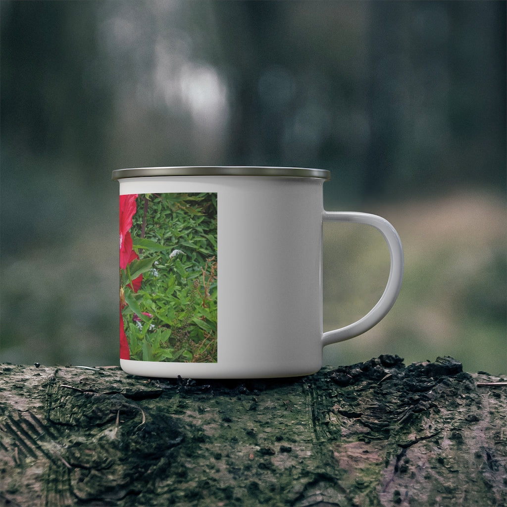 A durable red flowers enamel camping mug with a C-handle, perfect for outdoor adventures and stylish beverage enjoyment.