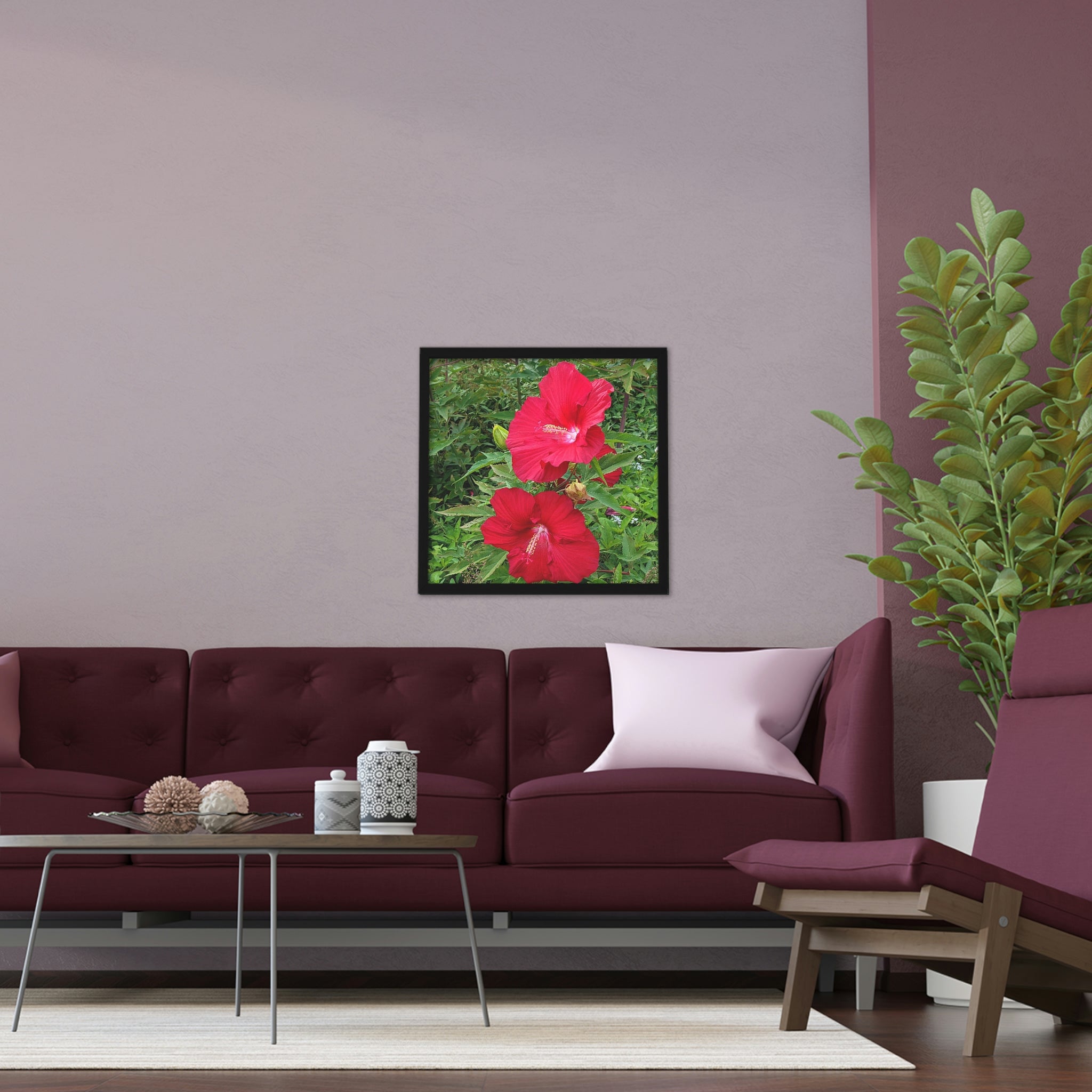 A beautifully framed poster featuring vibrant red flowers, set in a hand-crafted wooden frame, ready for hanging.