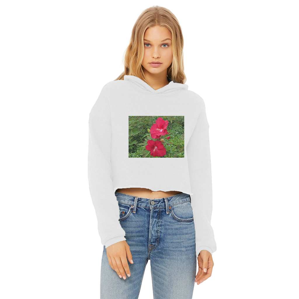 Red Flowers Ladies Cropped Raw Edge Hoodie featuring a stylish design with a raw edge hem and double fabric hood.