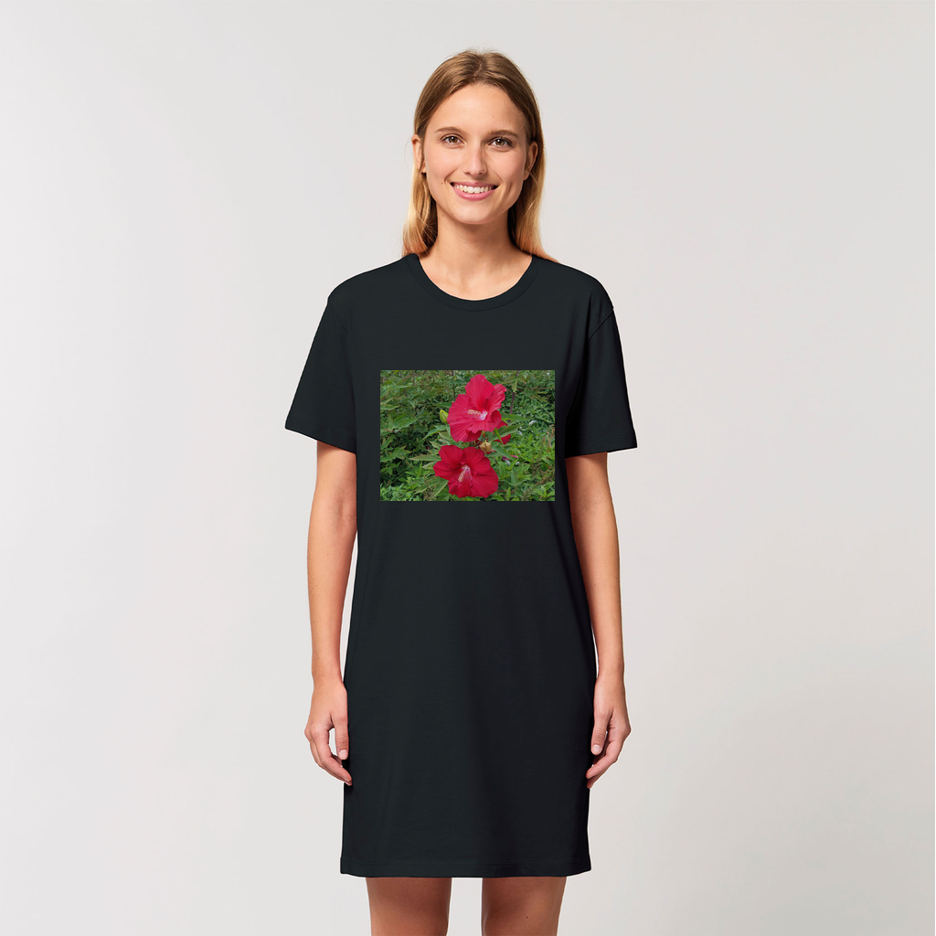 A stylish Red Flowers Organic T-Shirt Dress made from 100% organic cotton, featuring a vibrant floral design and comfortable fit.