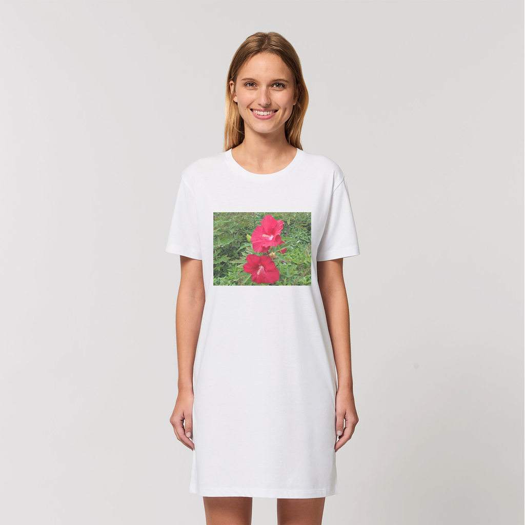 A stylish Red Flowers Organic T-Shirt Dress made from 100% organic cotton, featuring a vibrant floral design and comfortable fit.