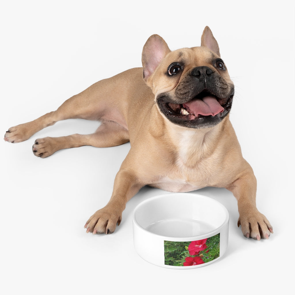 A stylish red flowers ceramic pet bowl, 6 inches in diameter, featuring a customizable design wrapping around half of the bowl.