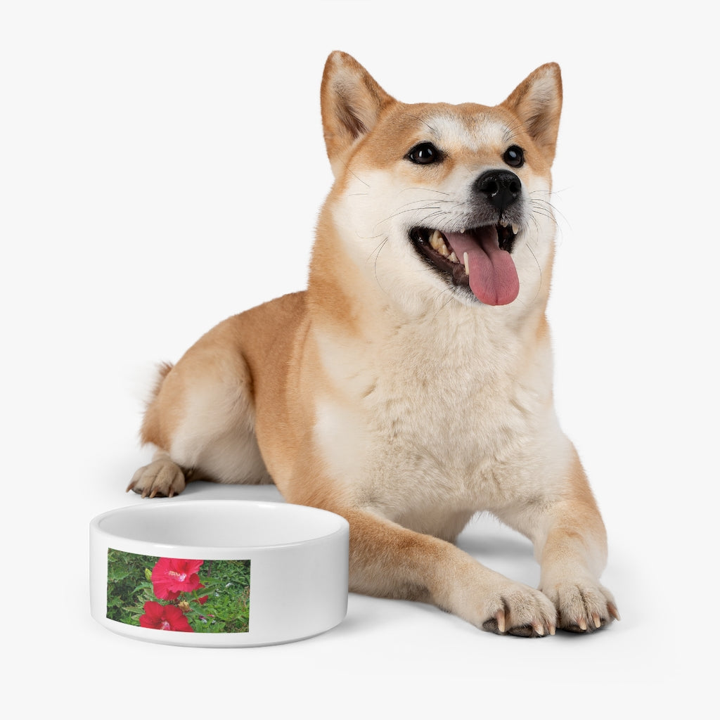 A stylish red flowers ceramic pet bowl, 6 inches in diameter, featuring a customizable design wrapping around half of the bowl.