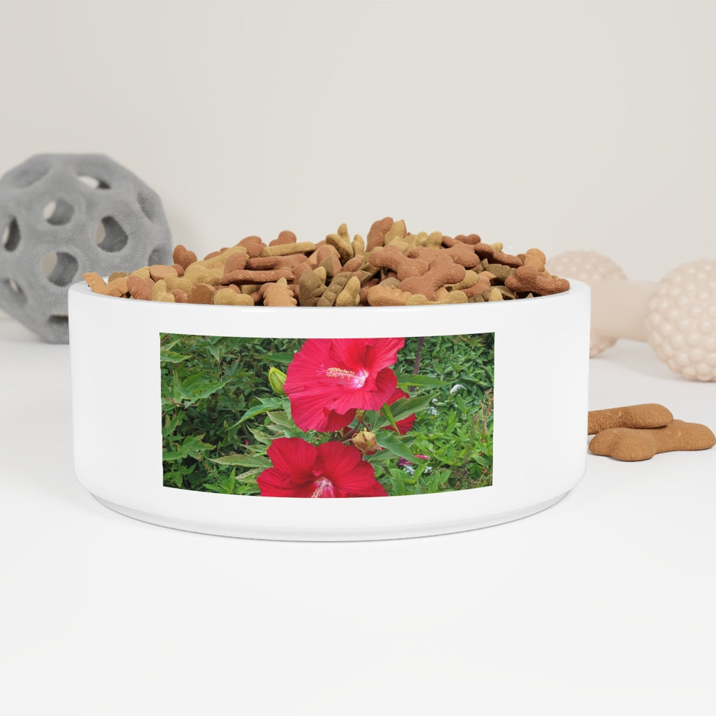 A stylish red flowers ceramic pet bowl, 6 inches in diameter, featuring a customizable design wrapping around half of the bowl.