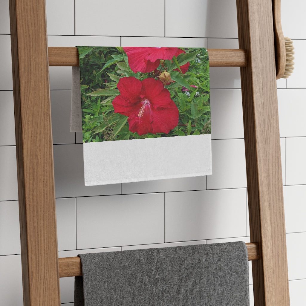 Red Flowers Rally Towel featuring a vibrant floral design, made from soft polyester and absorbent cotton.