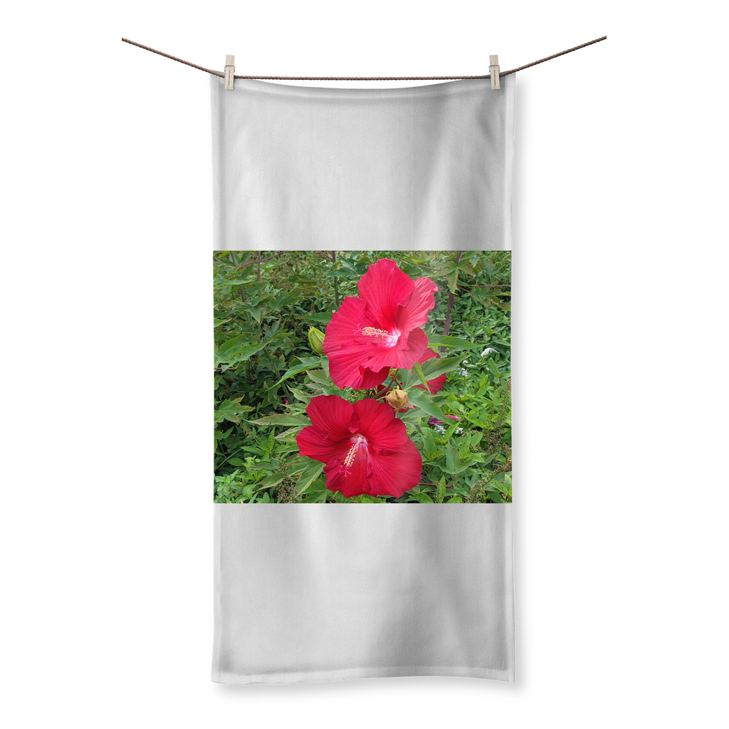 Red Flowers Sublimation All Over Towel featuring vibrant floral designs on a polyester front and soft cotton back.