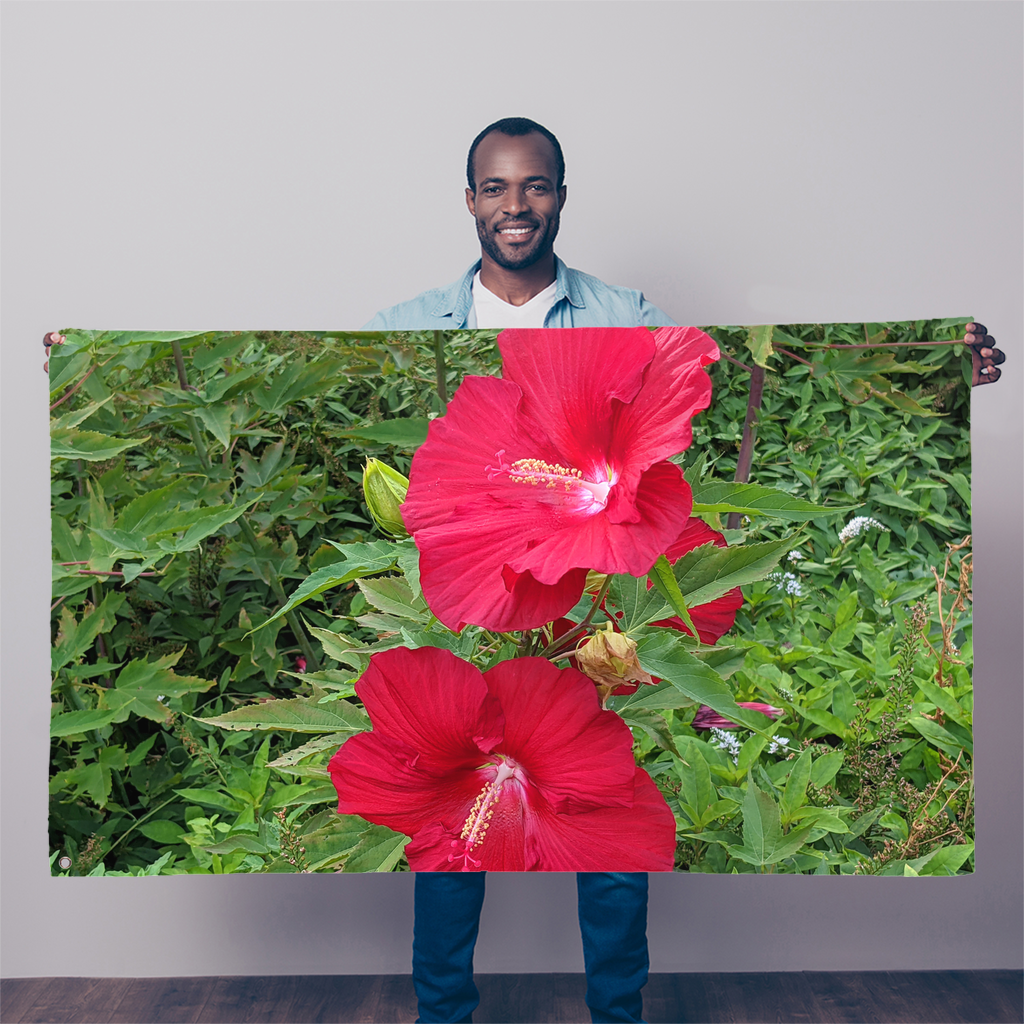 A vibrant red flowers sublimation flag, showcasing a beautiful floral design on durable polyester fabric, ideal for decoration.