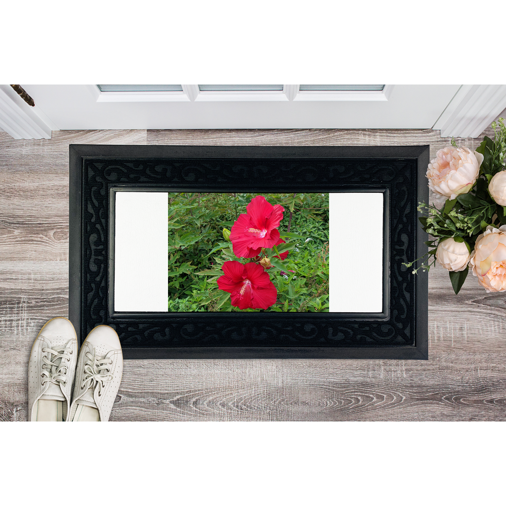 Red Flowers Sublimation Heavy Duty Door Mat with a vibrant floral design and non-slip rubber base, perfect for personalized entryways.