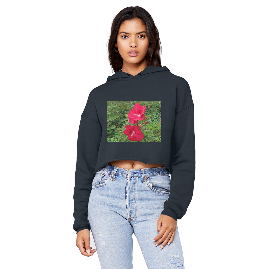 Red Flowers Unisex Cropped Raw Edge Boyfriend Hoodie featuring a stylish cropped design and raw edge hem.