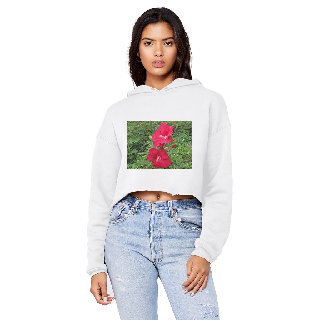 Red Flowers Unisex Cropped Raw Edge Boyfriend Hoodie featuring a stylish cropped design and raw edge hem.