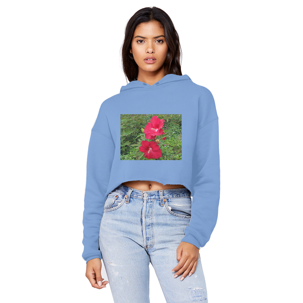 Red Flowers Unisex Cropped Raw Edge Boyfriend Hoodie featuring a stylish cropped design and raw edge hem.