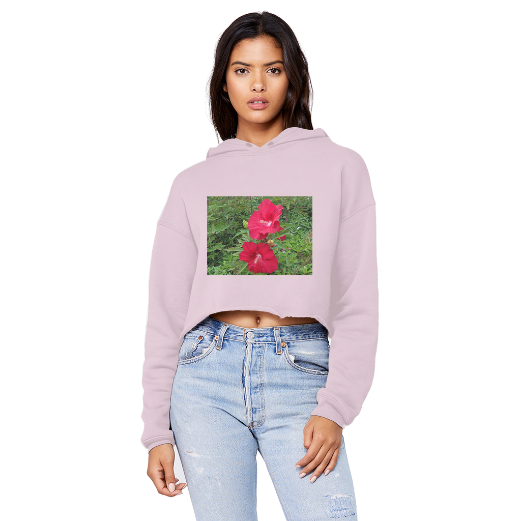 Red Flowers Unisex Cropped Raw Edge Boyfriend Hoodie featuring a stylish cropped design and raw edge hem.