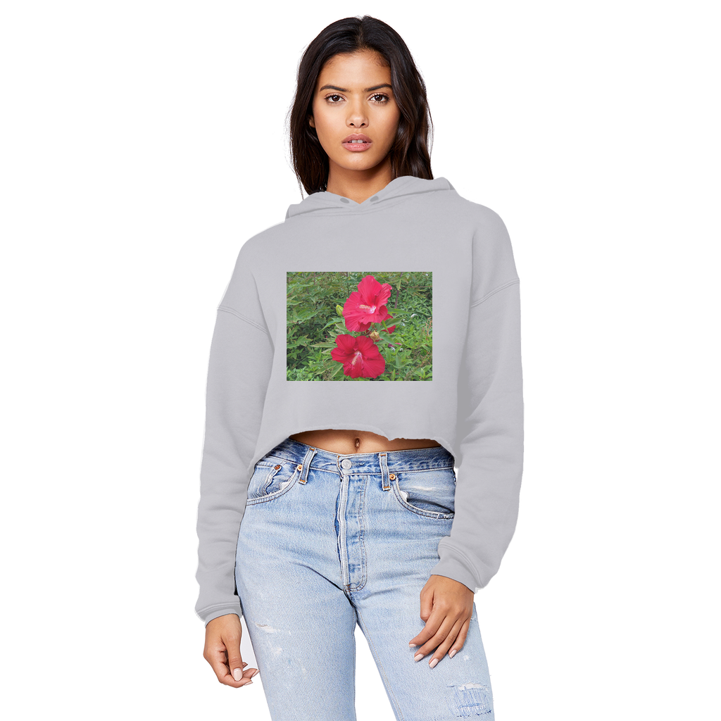 Red Flowers Unisex Cropped Raw Edge Boyfriend Hoodie featuring a stylish cropped design and raw edge hem.