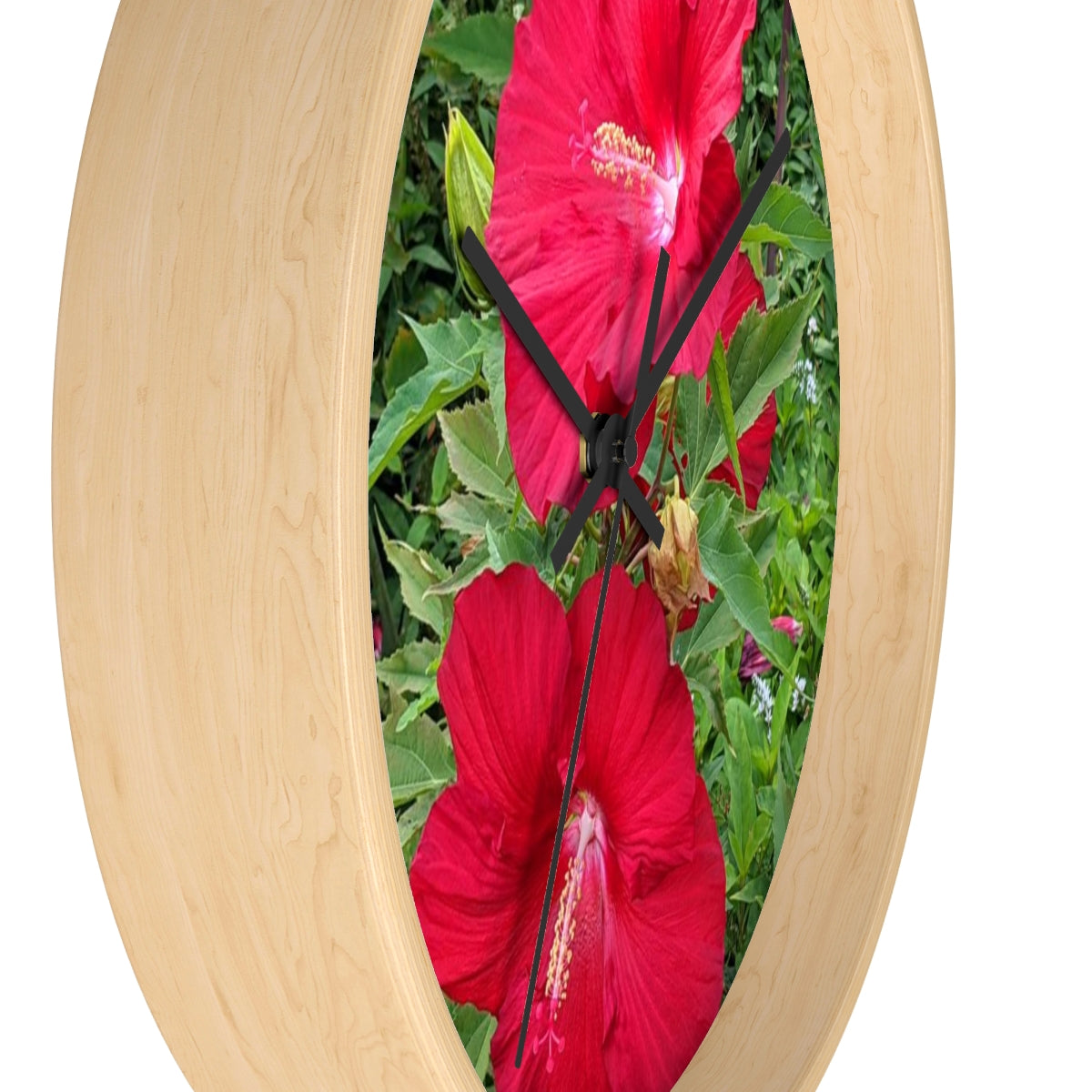 A vibrant Red Flowers Wall Clock featuring a wooden frame and a plexiglass face, perfect for indoor decor.