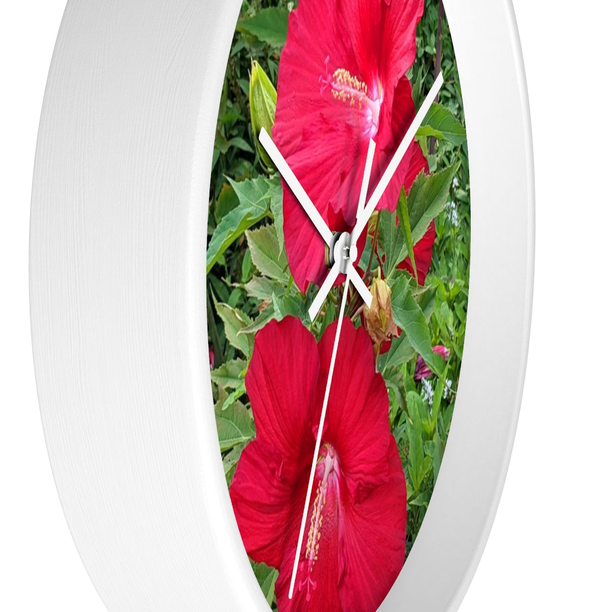 A vibrant Red Flowers Wall Clock featuring a wooden frame and a plexiglass face, perfect for indoor decor.