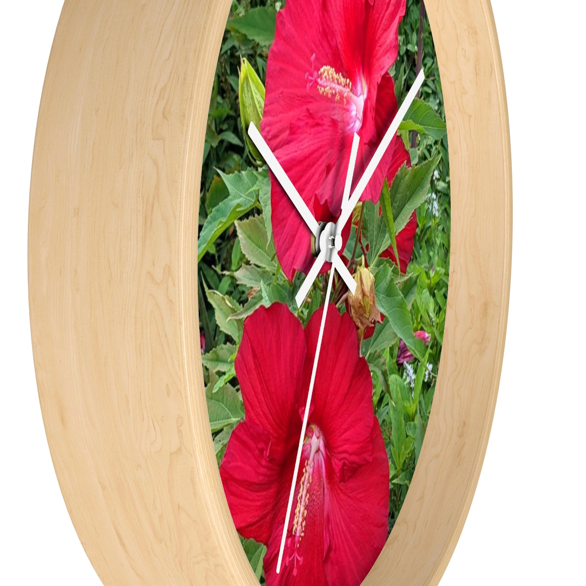 A vibrant Red Flowers Wall Clock featuring a wooden frame and a plexiglass face, perfect for indoor decor.