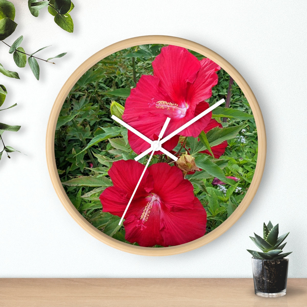 A vibrant Red Flowers Wall Clock featuring a wooden frame and a plexiglass face, perfect for indoor decor.