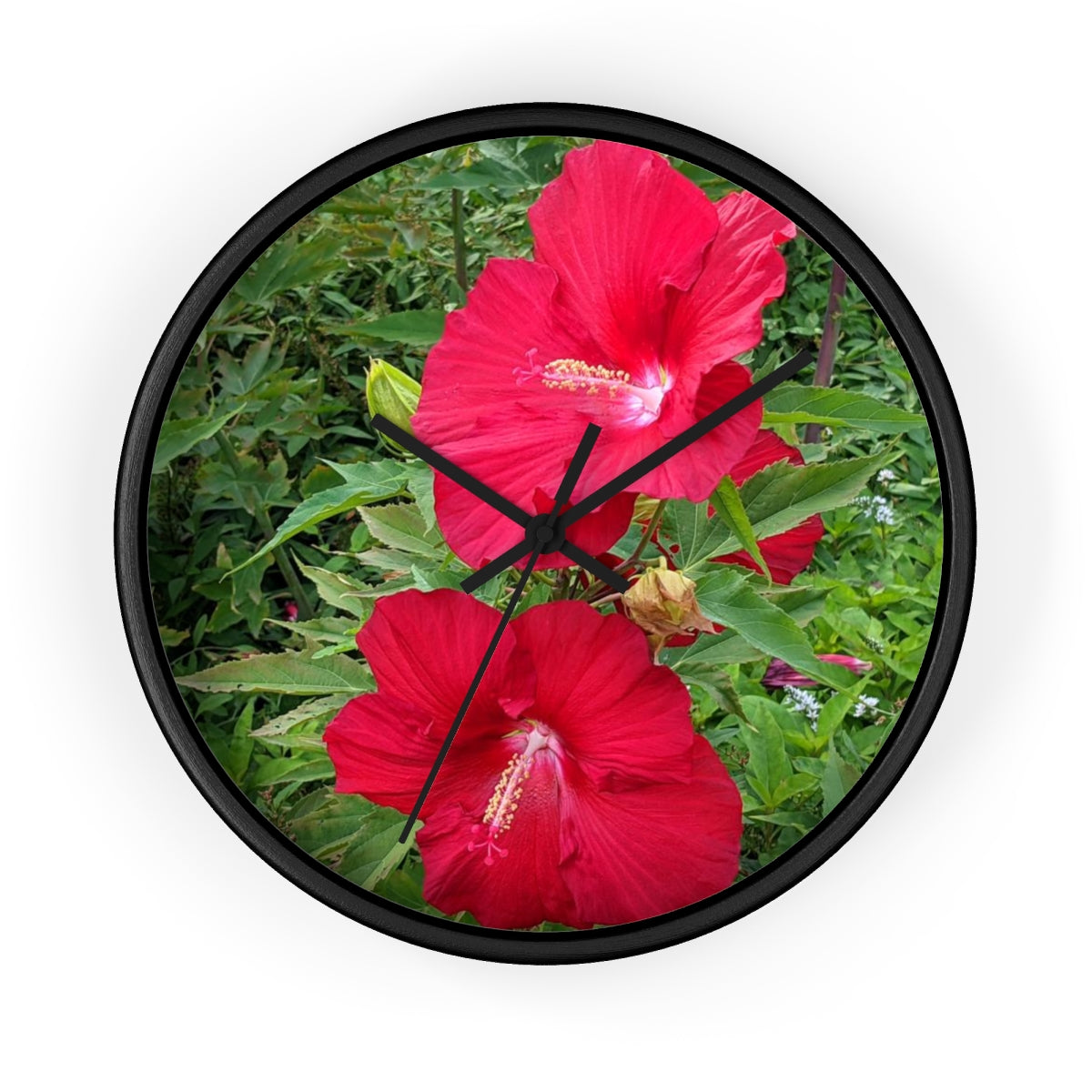 A vibrant Red Flowers Wall Clock featuring a wooden frame and a plexiglass face, perfect for indoor decor.