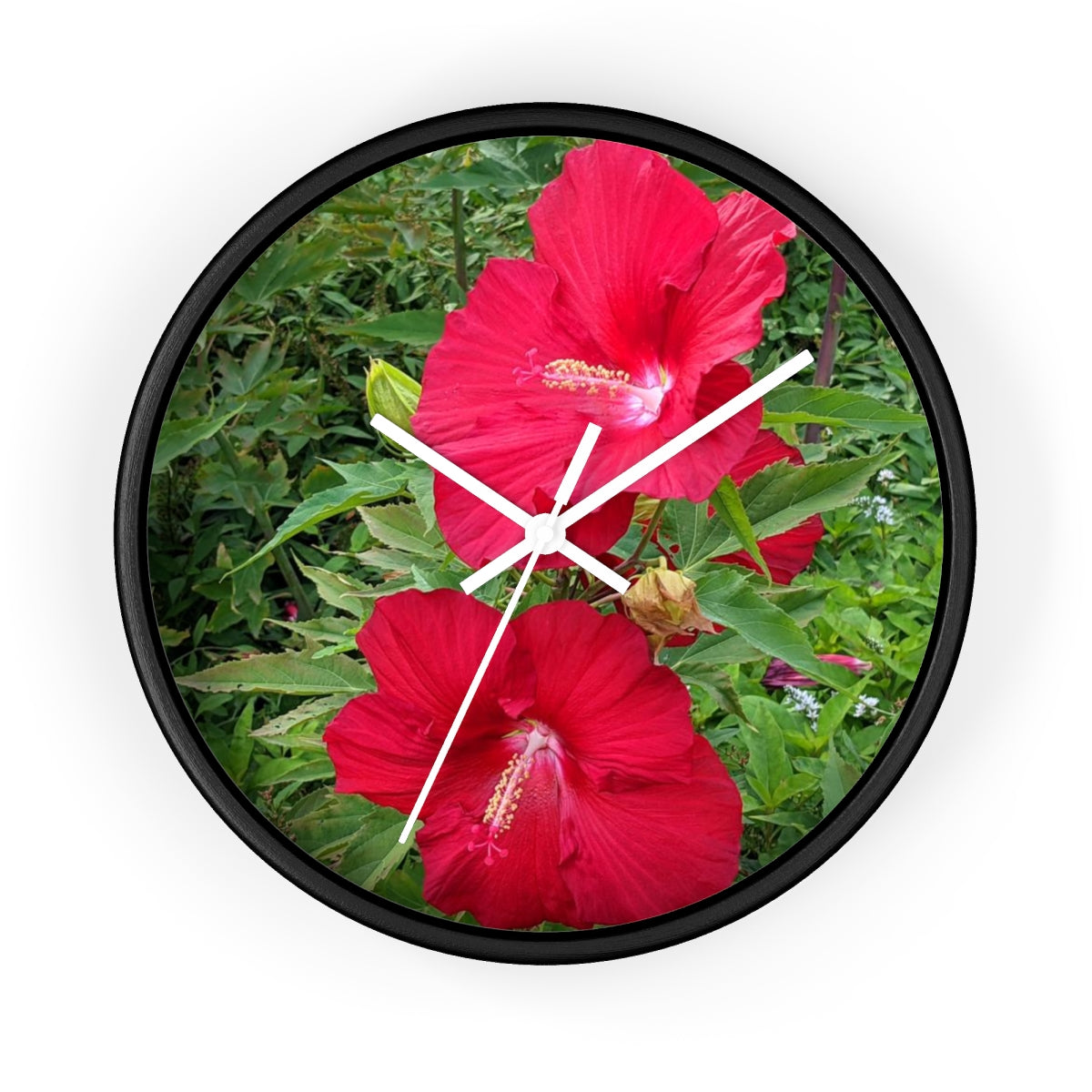 A vibrant Red Flowers Wall Clock featuring a wooden frame and a plexiglass face, perfect for indoor decor.