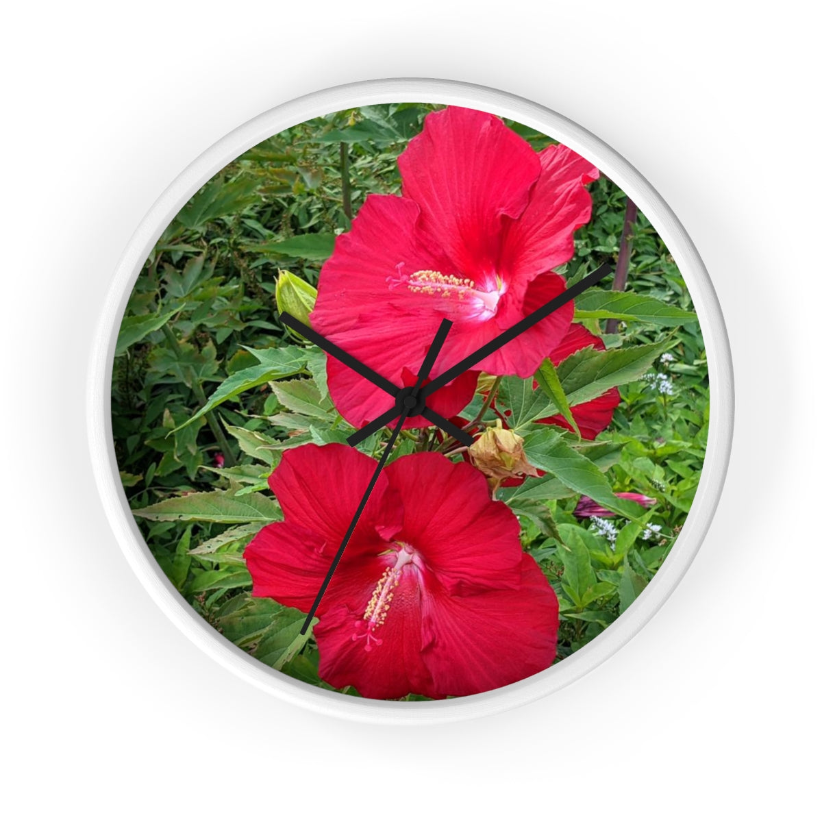 A vibrant Red Flowers Wall Clock featuring a wooden frame and a plexiglass face, perfect for indoor decor.