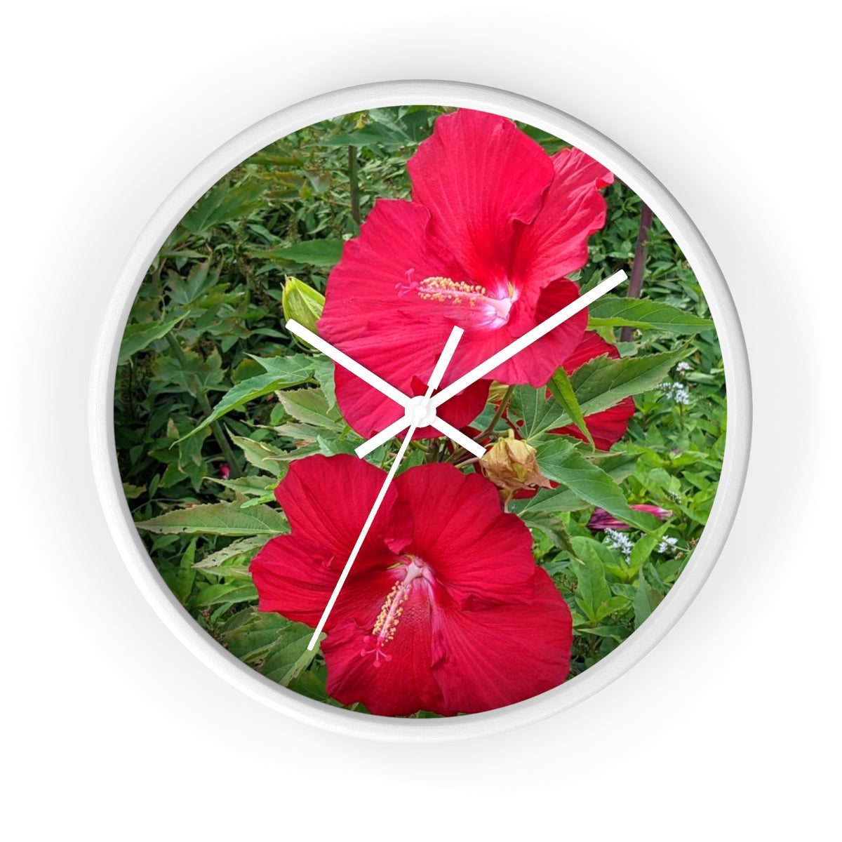 A vibrant Red Flowers Wall Clock featuring a wooden frame and a plexiglass face, perfect for indoor decor.