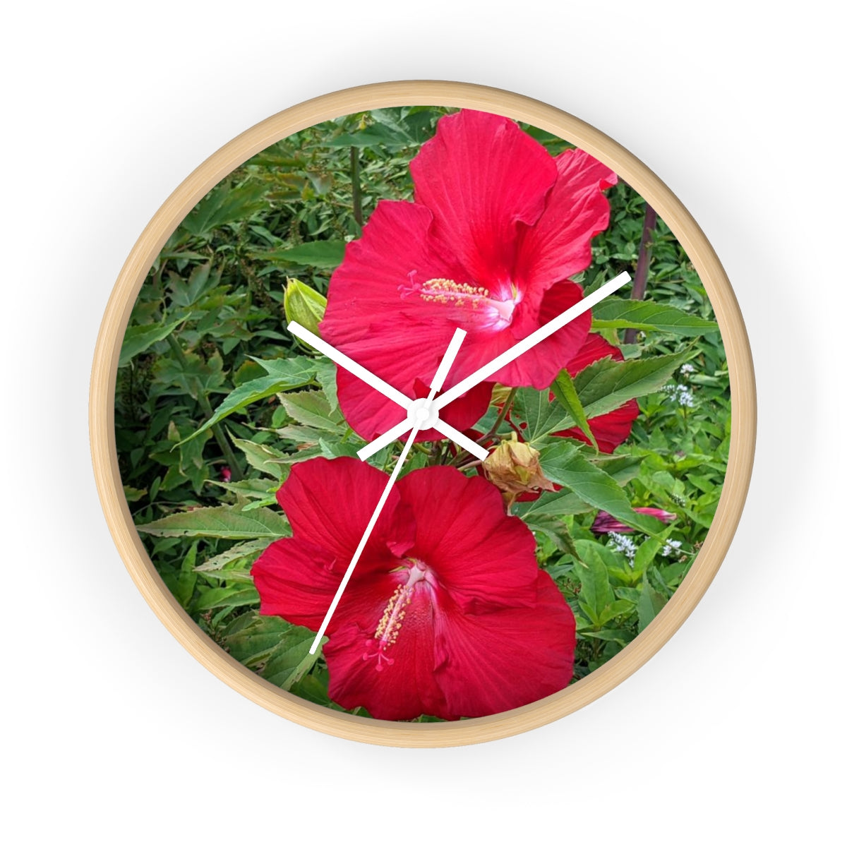 A vibrant Red Flowers Wall Clock featuring a wooden frame and a plexiglass face, perfect for indoor decor.