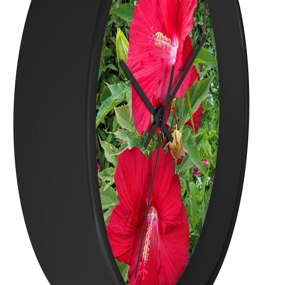 A vibrant Red Flowers Wall Clock featuring a wooden frame and a plexiglass face, perfect for indoor decor.