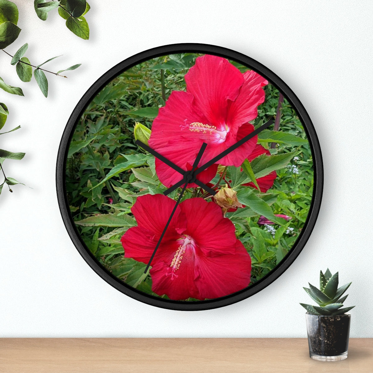 A vibrant Red Flowers Wall Clock featuring a wooden frame and a plexiglass face, perfect for indoor decor.