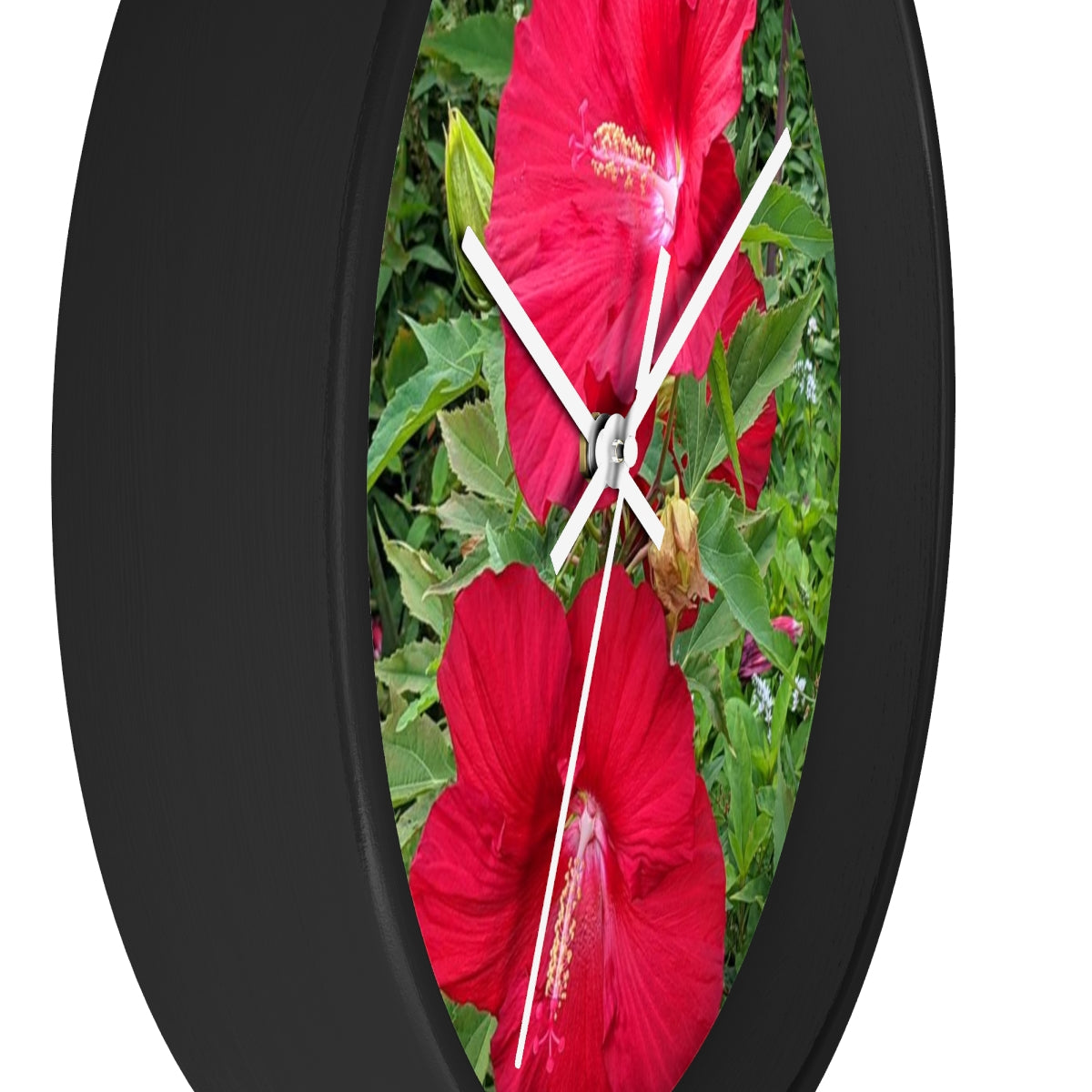 A vibrant Red Flowers Wall Clock featuring a wooden frame and a plexiglass face, perfect for indoor decor.