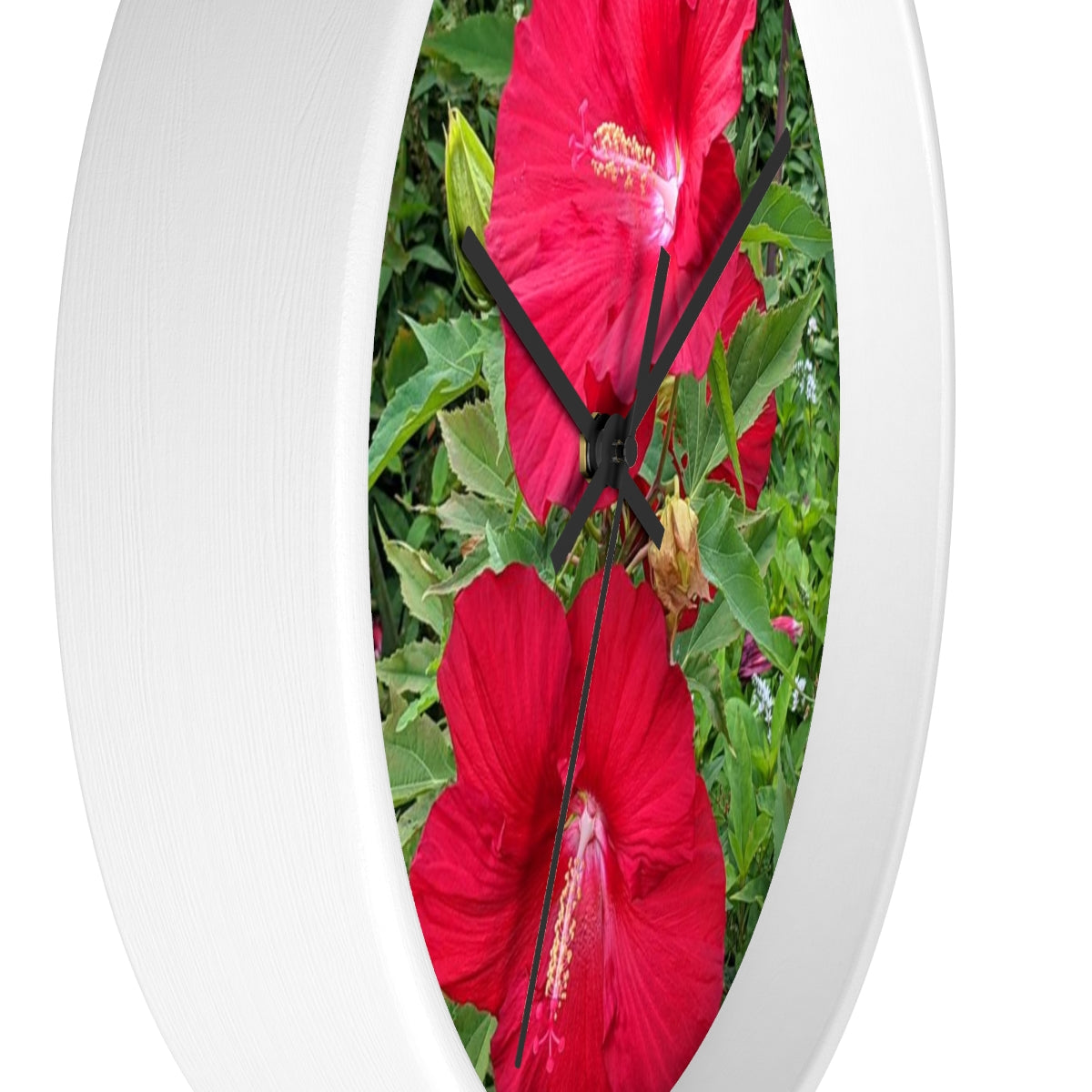 A vibrant Red Flowers Wall Clock featuring a wooden frame and a plexiglass face, perfect for indoor decor.