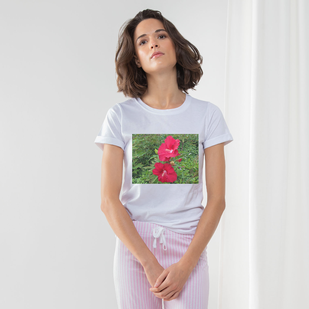 Red Flowers Women's Long Pant Pyjama Set featuring a white t-shirt, striped pants, and a matching drawcord bag, perfect for lounging.