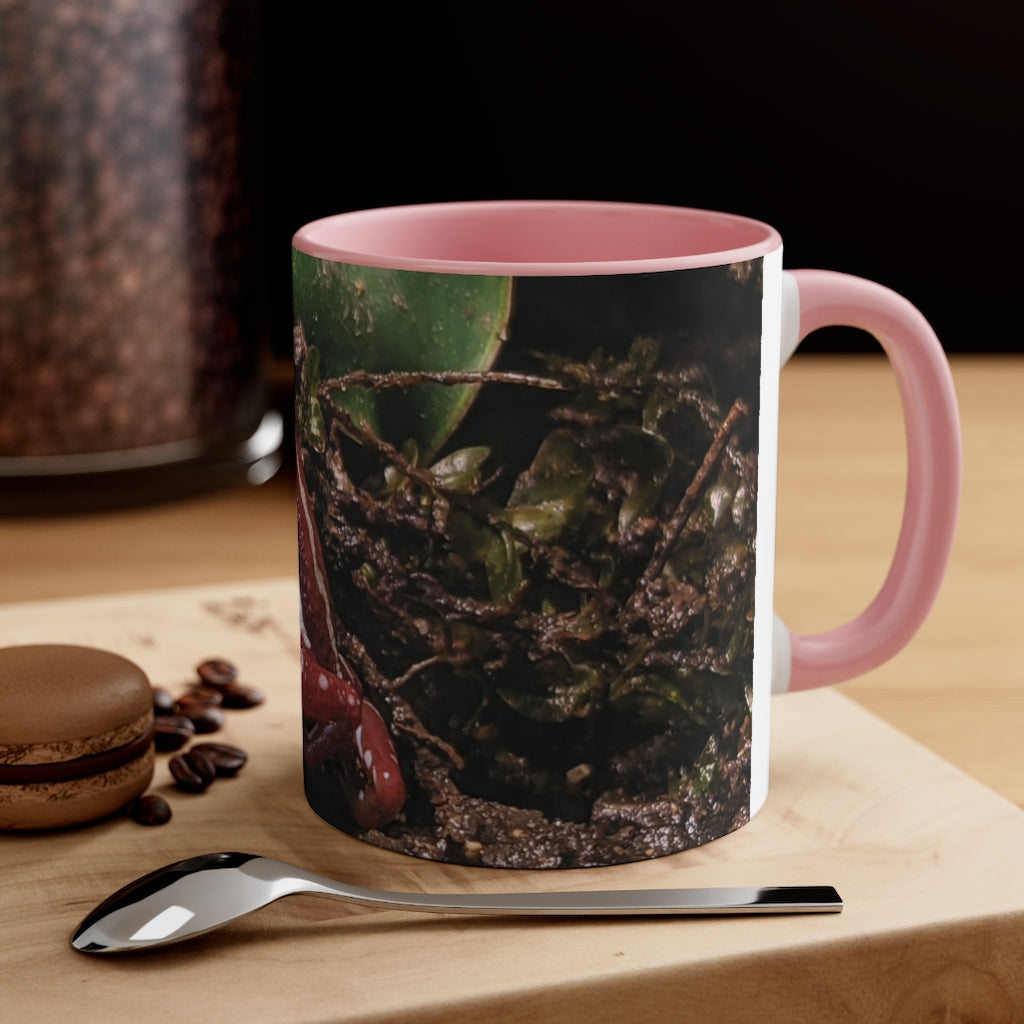 Red Frog Accent Coffee Mug with a white exterior and colorful interior and handle, showcasing a comfortable C-handle design.