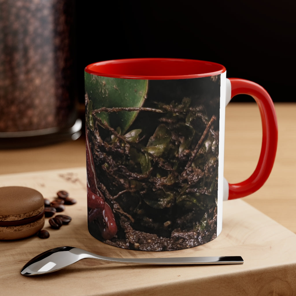 Red Frog Accent Coffee Mug with a white exterior and colorful interior and handle, showcasing a comfortable C-handle design.