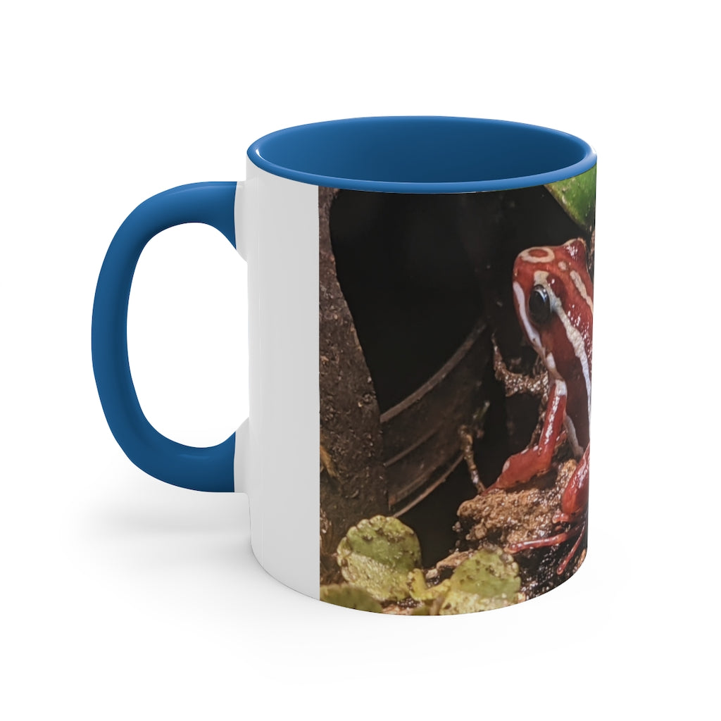 Red Frog Accent Coffee Mug with a white exterior and colorful interior and handle, showcasing a comfortable C-handle design.