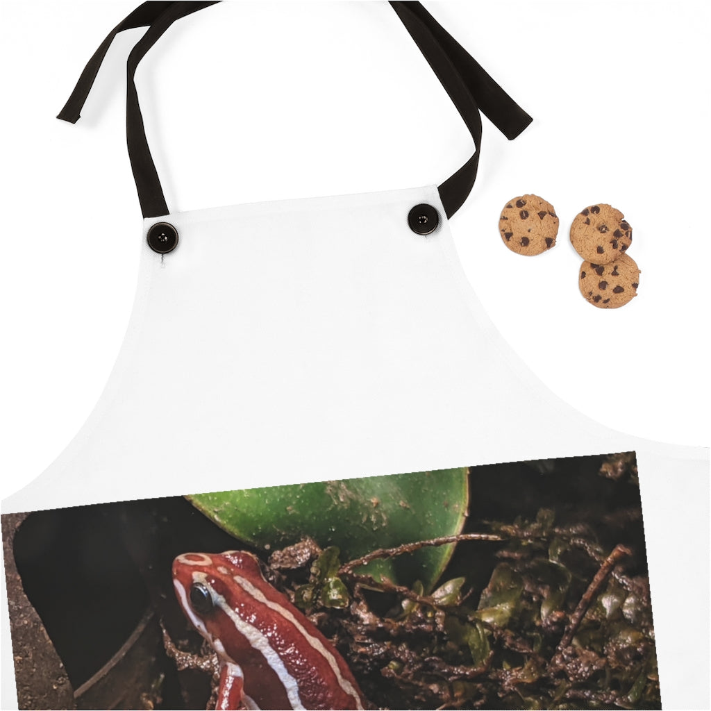 Stylish Red Frog Apron made from lightweight poly twill with black detachable straps and custom design.