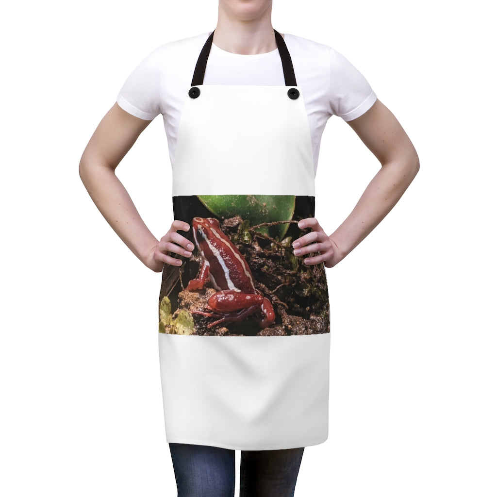 Stylish Red Frog Apron made from lightweight poly twill with black detachable straps and custom design.