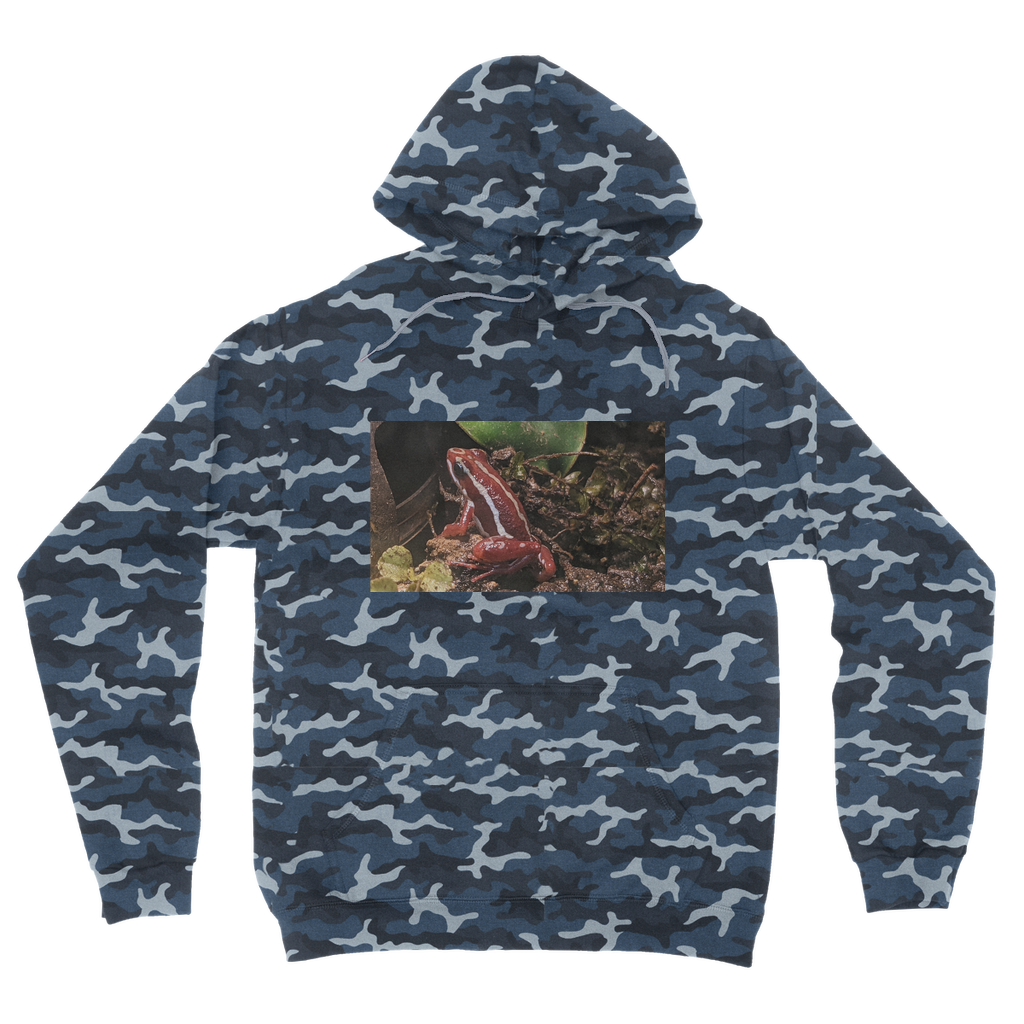 Red Frog Camouflage Adult Hoodie featuring a classic camo print, flat lace drawcords, and kangaroo pouch pocket.