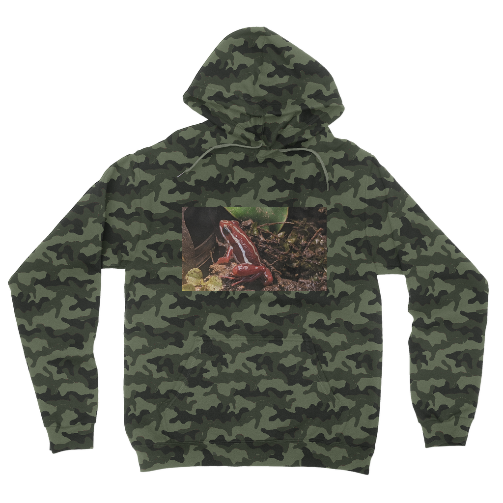 Red Frog Camouflage Adult Hoodie featuring a classic camo print, flat lace drawcords, and kangaroo pouch pocket.