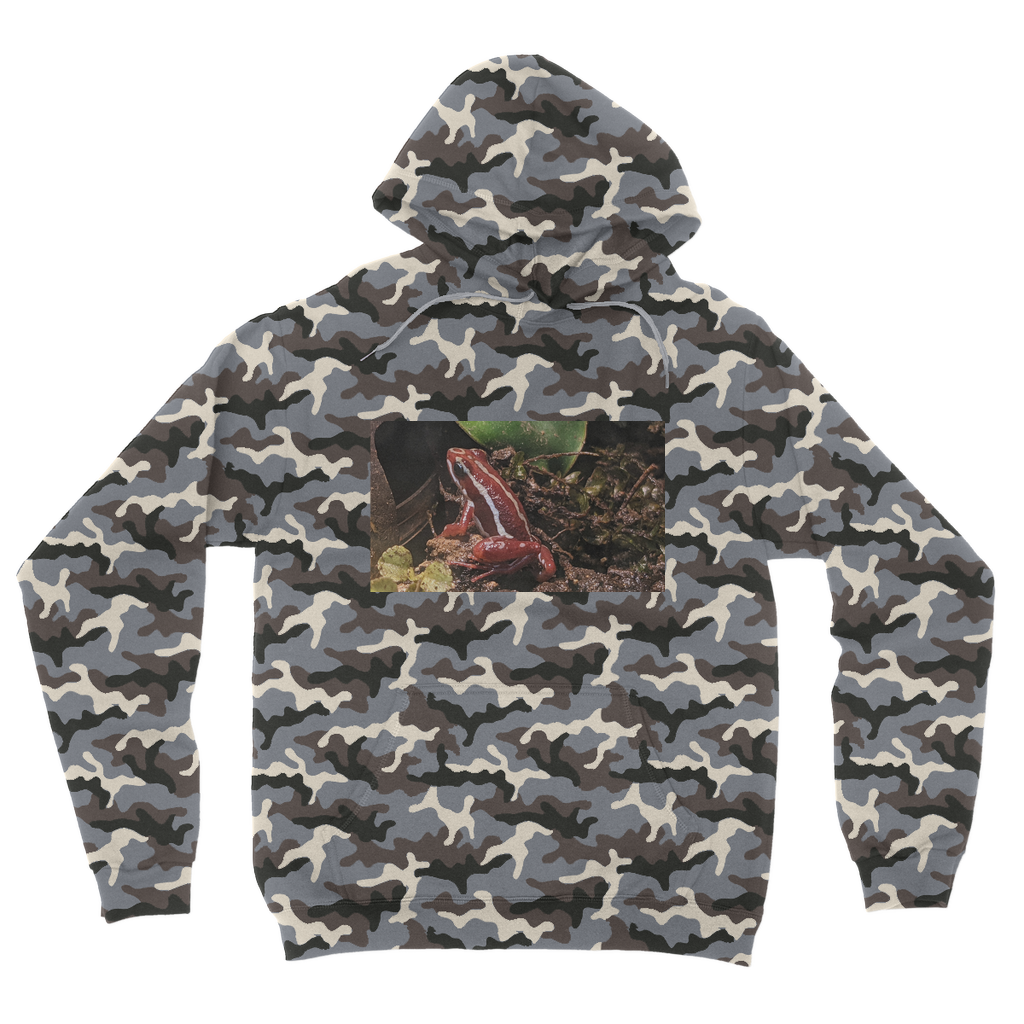 Red Frog Camouflage Adult Hoodie featuring a classic camo print, flat lace drawcords, and kangaroo pouch pocket.