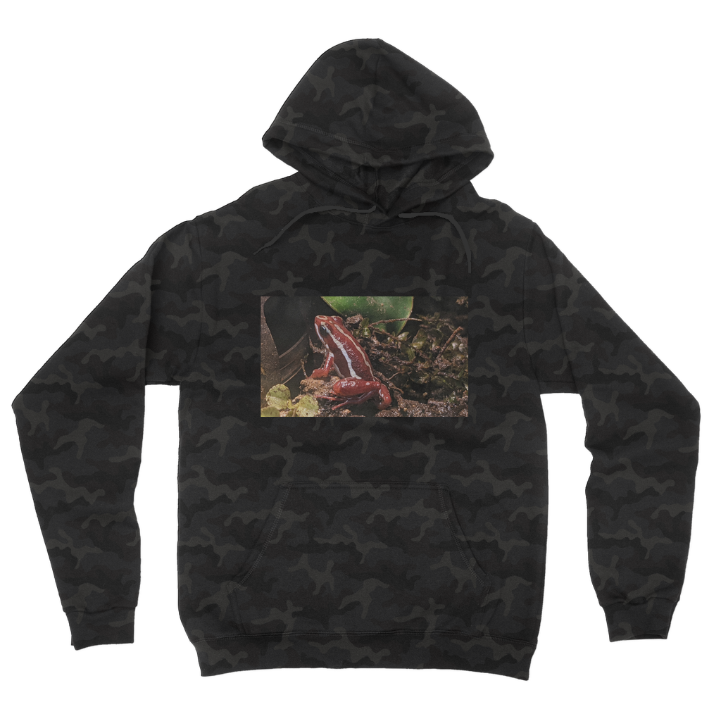 Red Frog Camouflage Adult Hoodie featuring a classic camo print, flat lace drawcords, and kangaroo pouch pocket.