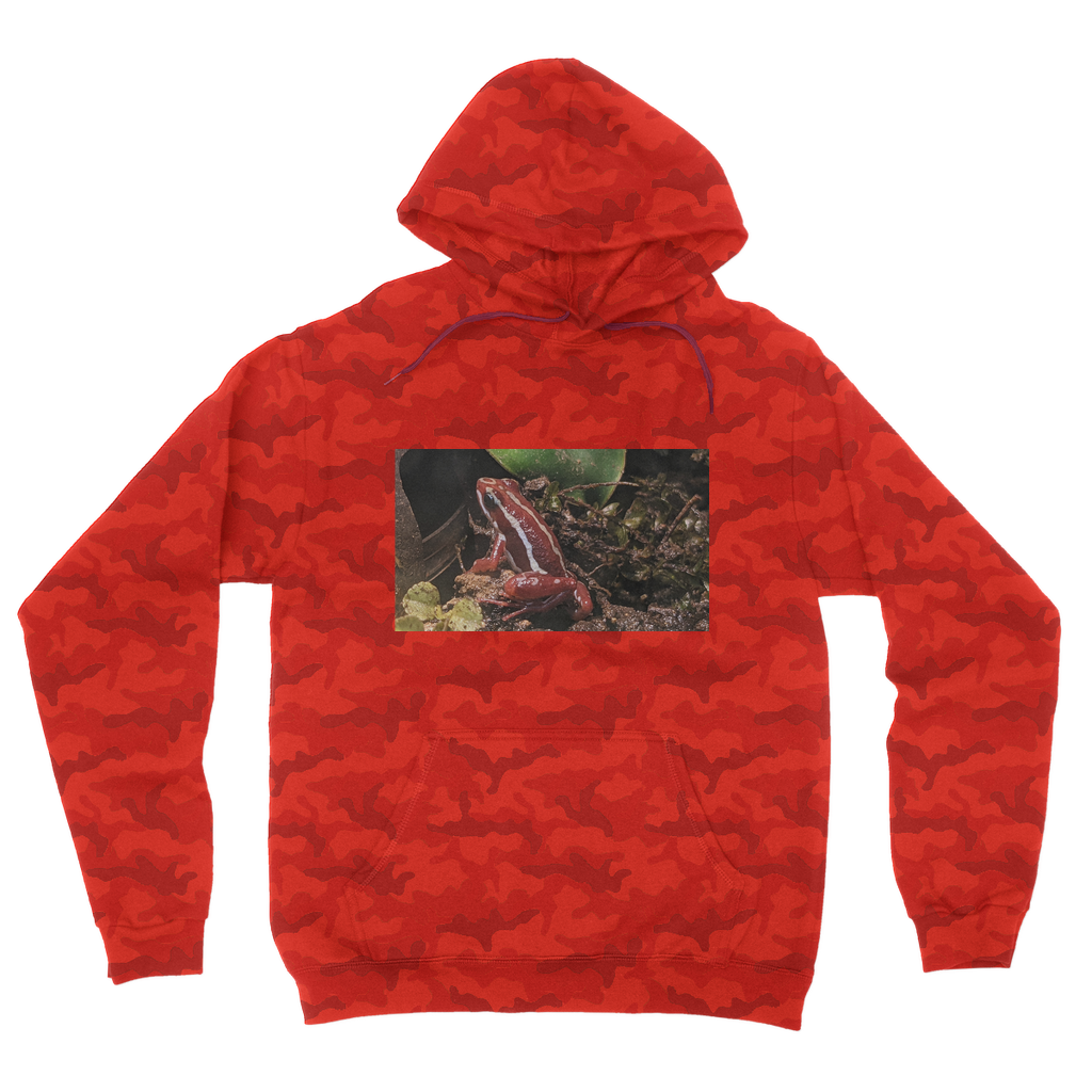 Red Frog Camouflage Adult Hoodie featuring a classic camo print, flat lace drawcords, and kangaroo pouch pocket.