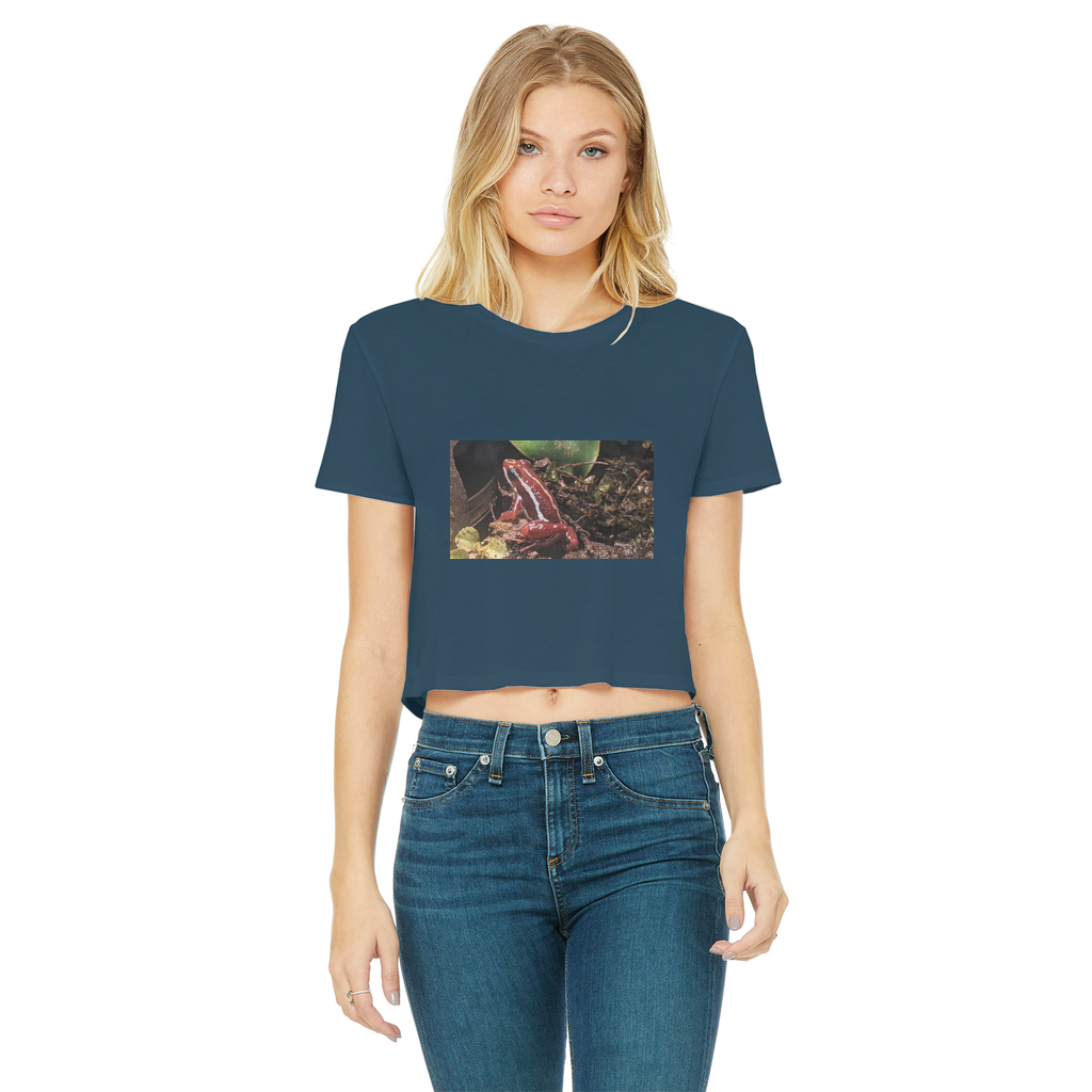 Red Frog Classic Women's Cropped Raw Edge T-Shirt featuring a round neck, short sleeves, and a raw edge hem in a stylish design.