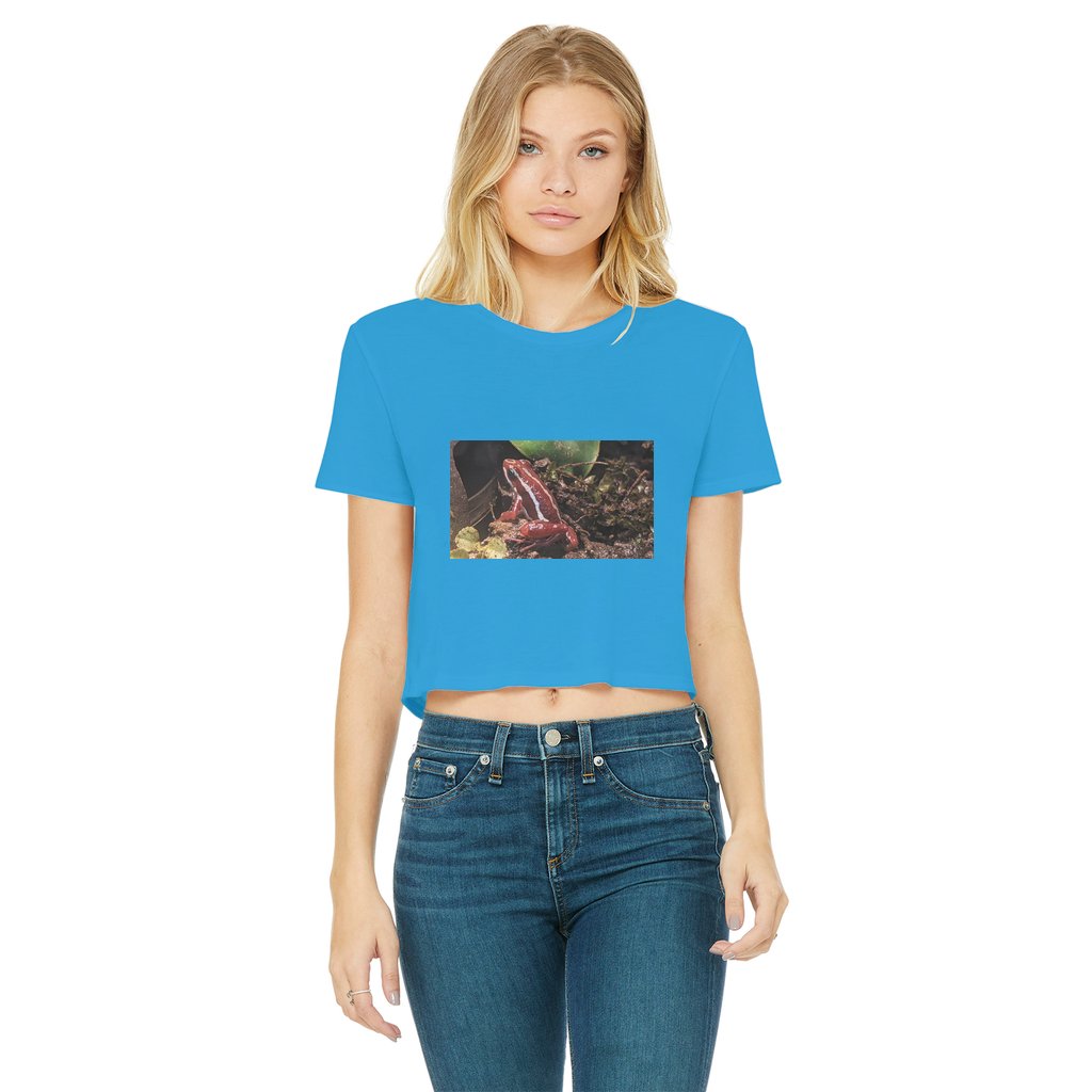 Red Frog Classic Women's Cropped Raw Edge T-Shirt featuring a round neck, short sleeves, and a raw edge hem in a stylish design.