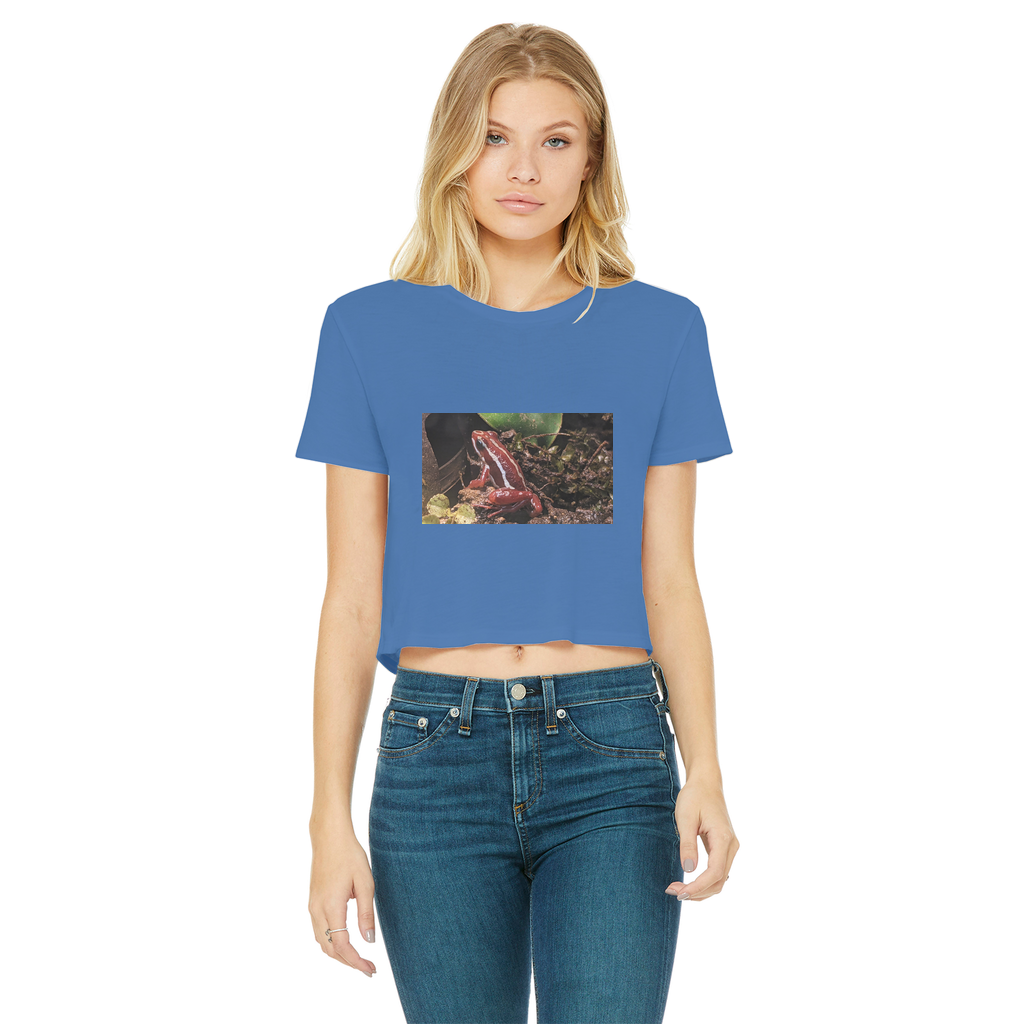 Red Frog Classic Women's Cropped Raw Edge T-Shirt featuring a round neck, short sleeves, and a raw edge hem in a stylish design.