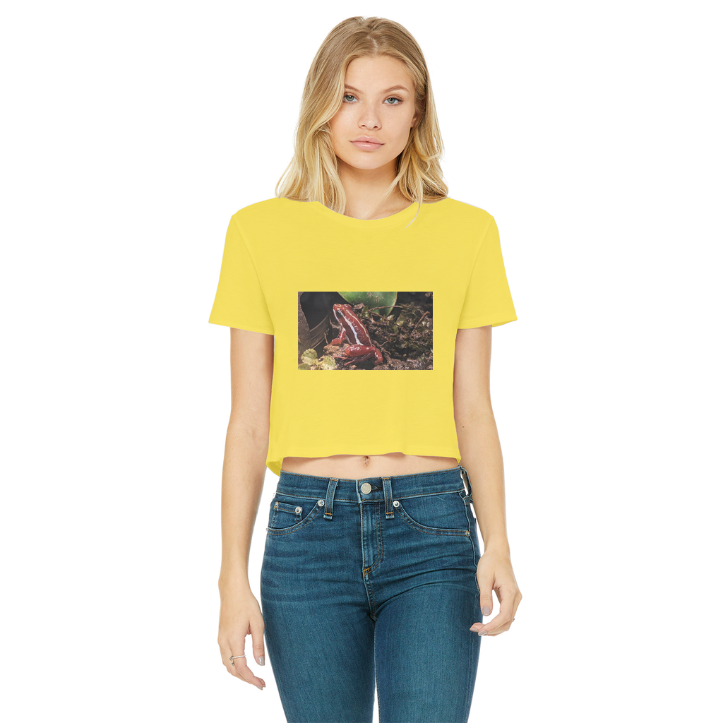 Red Frog Classic Women's Cropped Raw Edge T-Shirt featuring a round neck, short sleeves, and a raw edge hem in a stylish design.