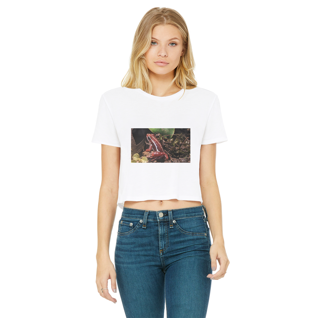 Red Frog Classic Women's Cropped Raw Edge T-Shirt featuring a round neck, short sleeves, and a raw edge hem in a stylish design.