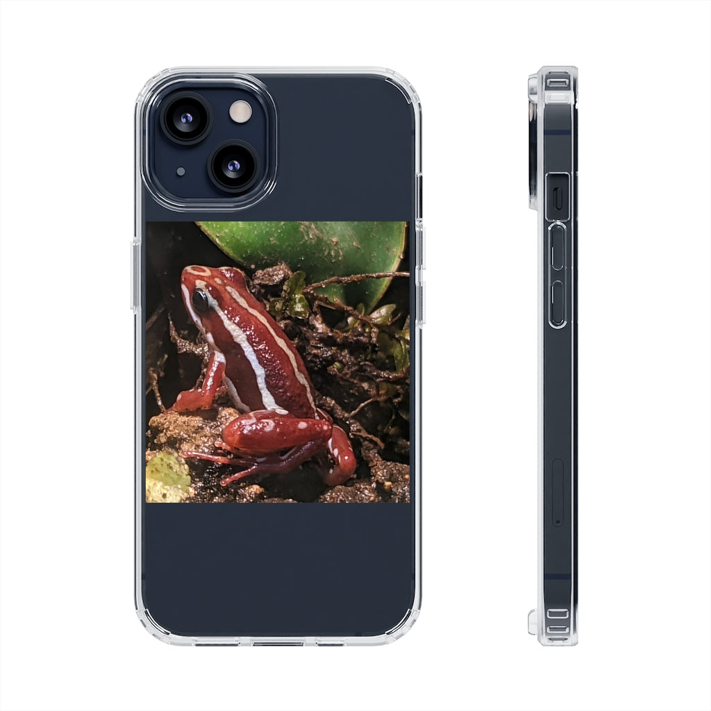 Red Frog Clear Case showcasing a crystal clear design with cushioned TPU edges, protecting a smartphone.