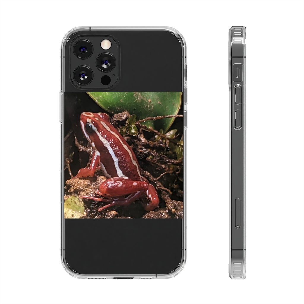 Red Frog Clear Case showcasing a crystal clear design with cushioned TPU edges, protecting a smartphone.